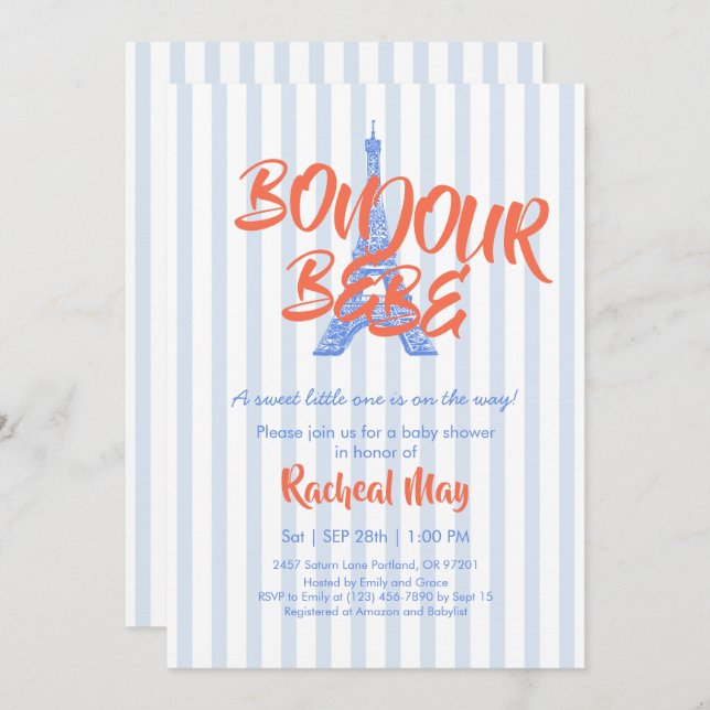 Blue Bonjour Bébé Baby shower Invitation (Devant / Derrière)