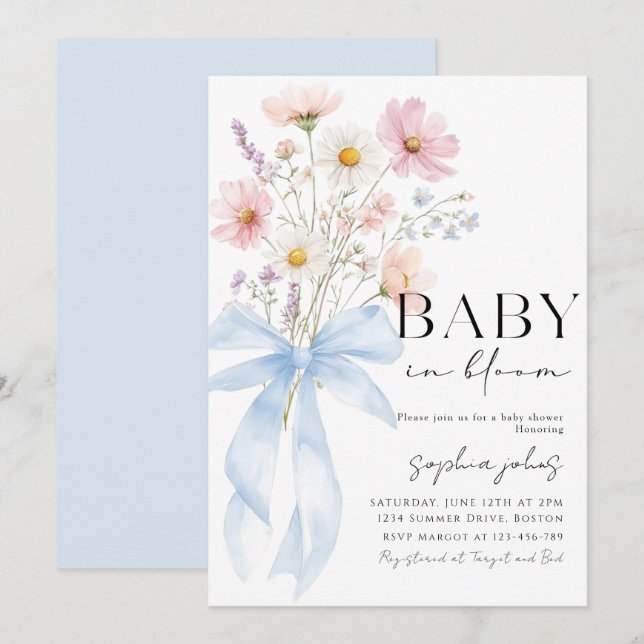 Blue Bow Baby in Bloom Boy Baby Shower Invitation (Devant / Derrière)