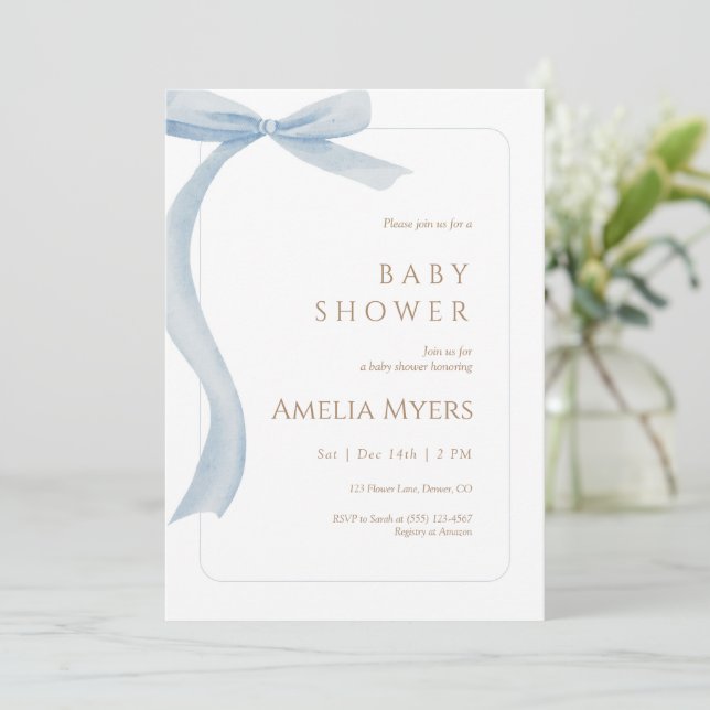 Blue Bow Baby Shower Invitation Minimal Watercolor (Debout devant)