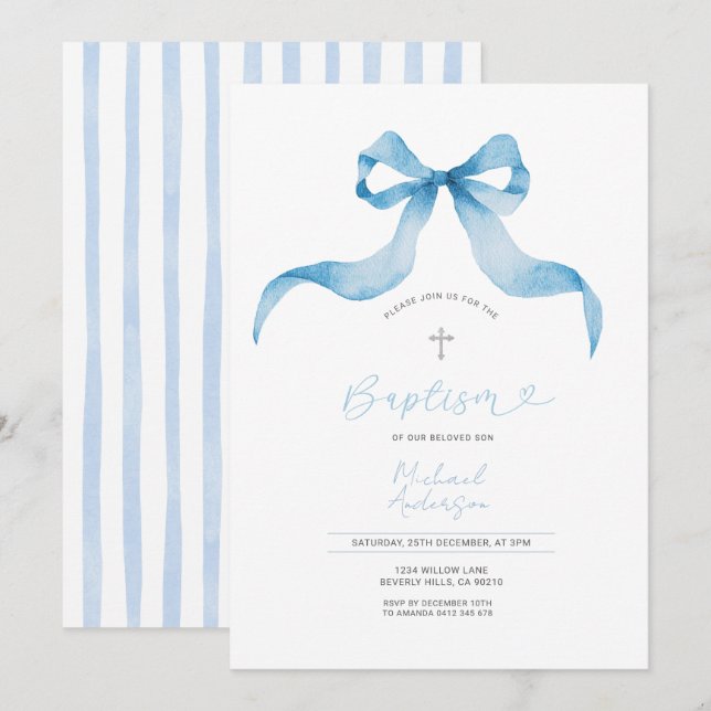 Blue Bow Baptism Invitation Baby Boy Baptism  (Devant / Derrière)