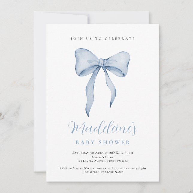 Blue Bow Boy Baby Shower invitation (Devant)