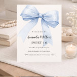 Blue bow crème beige élégant Sweet 16 invitation<br><div class="desc">Arrière - plan beige clair,  crème,  décoré d'un grand arc bleu clair. Personnalisez et ajoutez un nom et des détails du parti. 1 feuille = 1 invite imprimé bord à bord.</div>