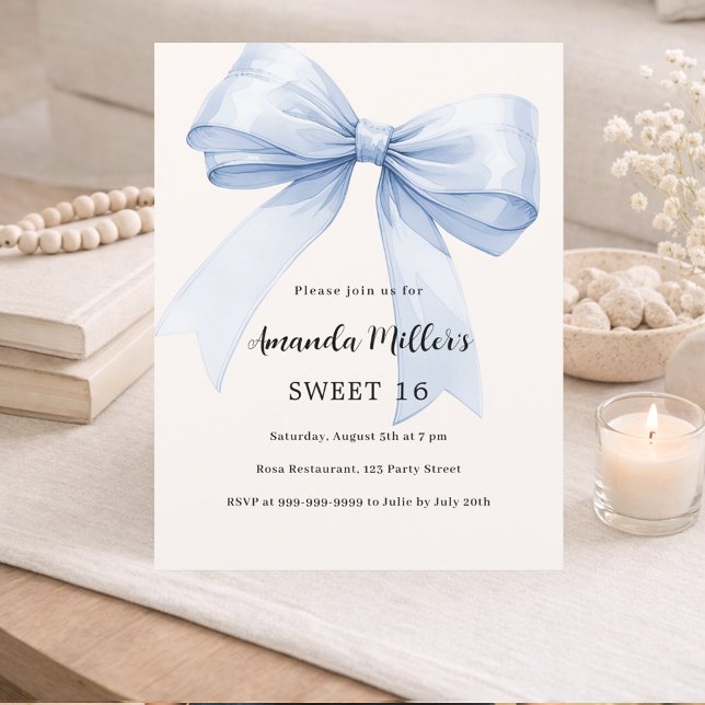 Blue bow crème beige élégant Sweet 16 invitation (Créateur téléchargé)