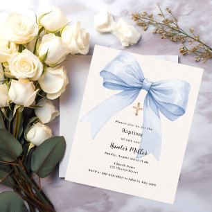 Blue bow crème garçon Baptême invitation