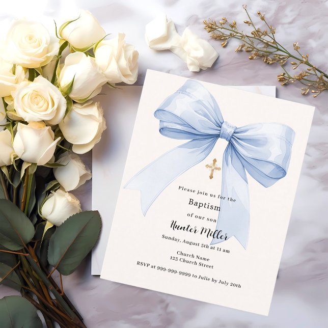 Blue bow crème garçon Baptême invitation (Créateur téléchargé)