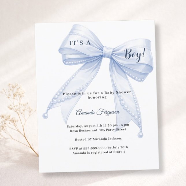 Blue bow elegant pearls boy Baby Shower invitation (Créateur téléchargé)