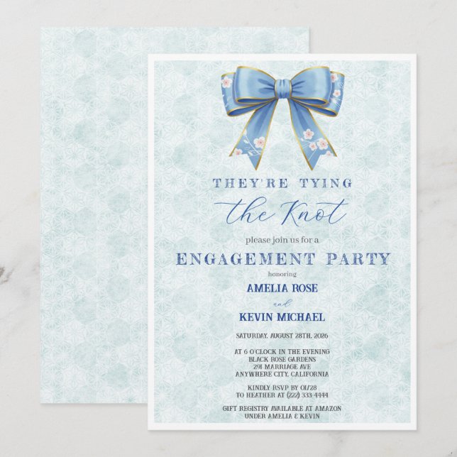 Blue Bow Engagement Invitation – Japanese Style (Devant / Derrière)