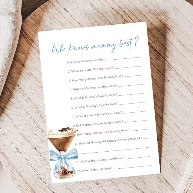 Blue Bow Espresso Martini Qui Connaît Maman Jeu (Espresso Baby Shower Game)