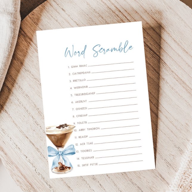 Blue Bow Espresso Martini Shower Jeu de mots mêlés (Espresso Baby Shower Game)