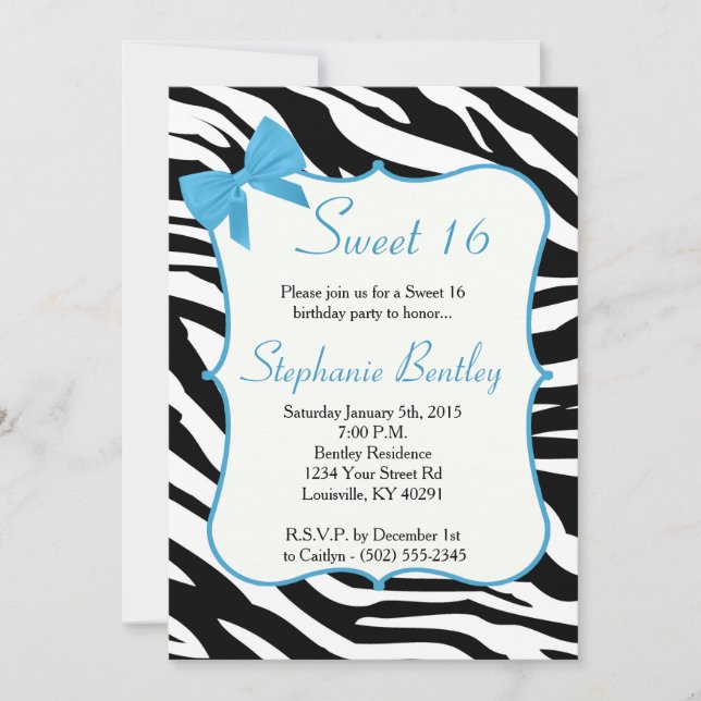 Blue Bow et Zebra Sweet 16 Invitation d'anniversai (Devant)