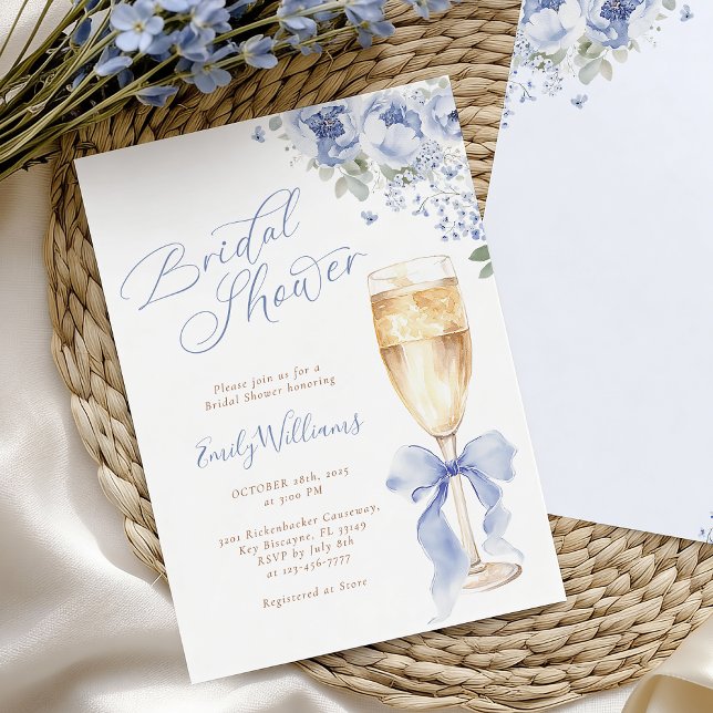 Blue Bow Floral Champagne Bridal Shower Invitation (Créateur téléchargé)