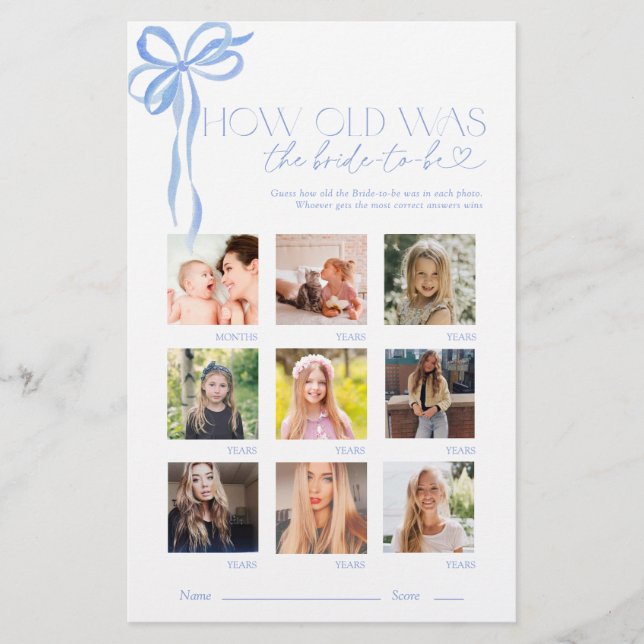 Blue Bow How Old Was The Bride Bridal Shower Game (Devant)