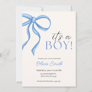 Blue Bow Minimalist Baby Shower Invitation
