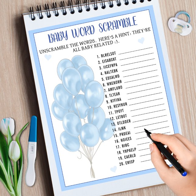 Blue Boy Balloon Word Scramble Baby shower Jeu (Blue Boy Balloon Word Scramble Baby Shower Game)