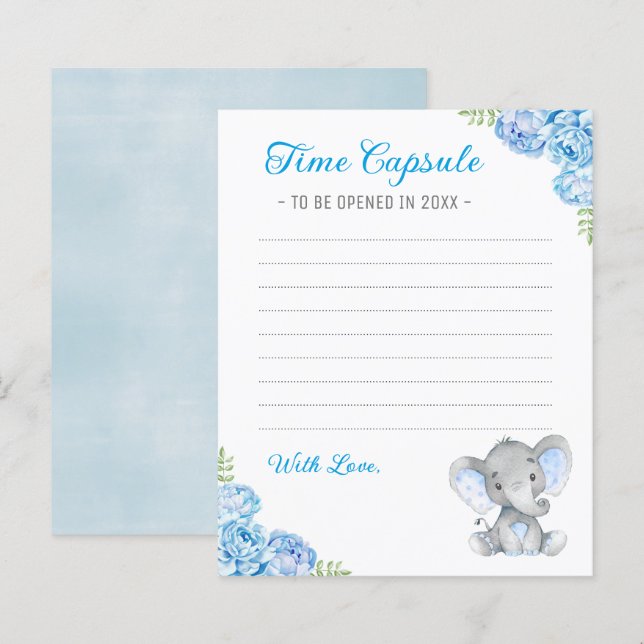 Blue Boy Elephant Baby shower temps Capsule Cartes (Devant / Derrière)