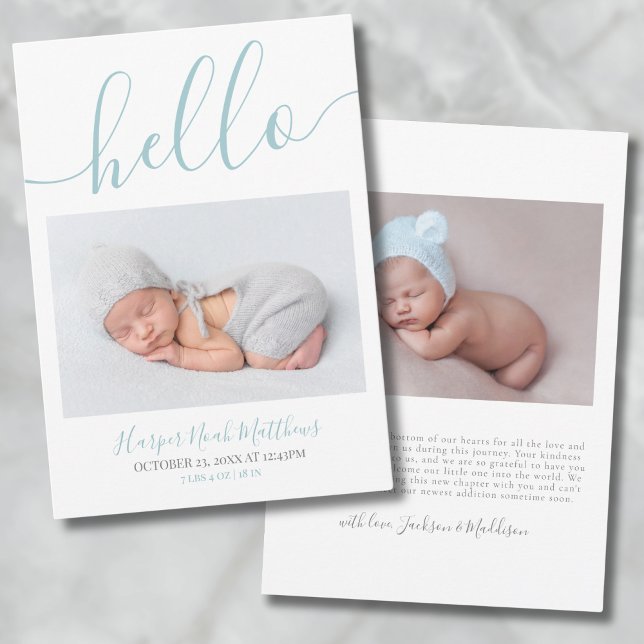 Blue Boy Minimalist Photo Baby Faire-part Card (Minimalist Baby Boy Photo Birth Announcement Card)