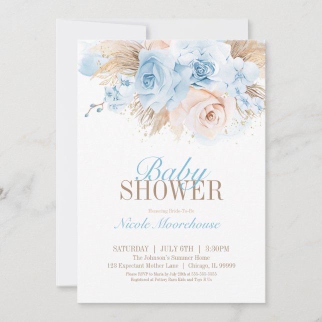 Blue Boys Pampas Grass Baby shower Invitation (Devant)