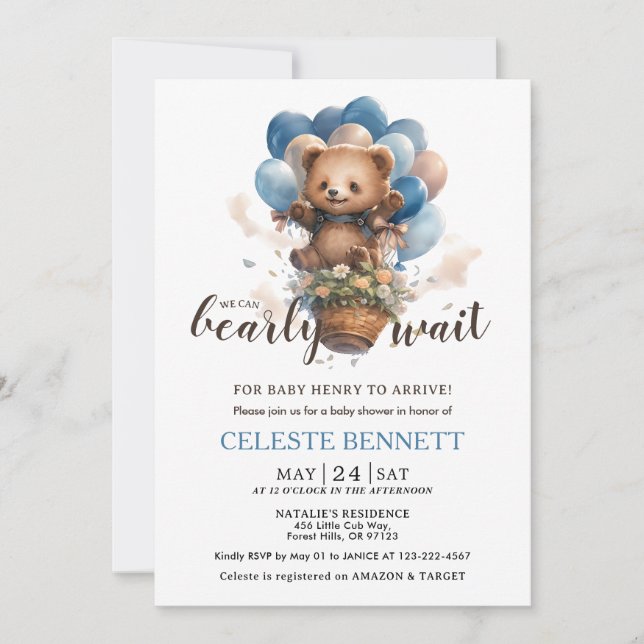 Blue Brown Balloon Bear Baby Shower Invitation (Devant)