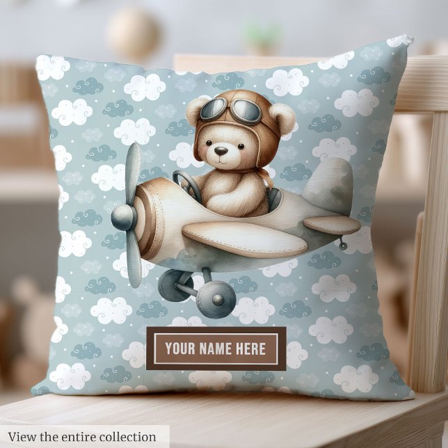 Blue Brown Teddy Pilote Coussin Custom Baby Boy Ca (Boy Baby Shower Pillow with Teddy Pilot Design)