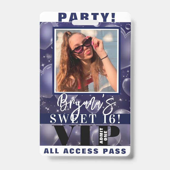 Blue Bubble Hearts Birthday Party VIP Pass Badge (Avant)