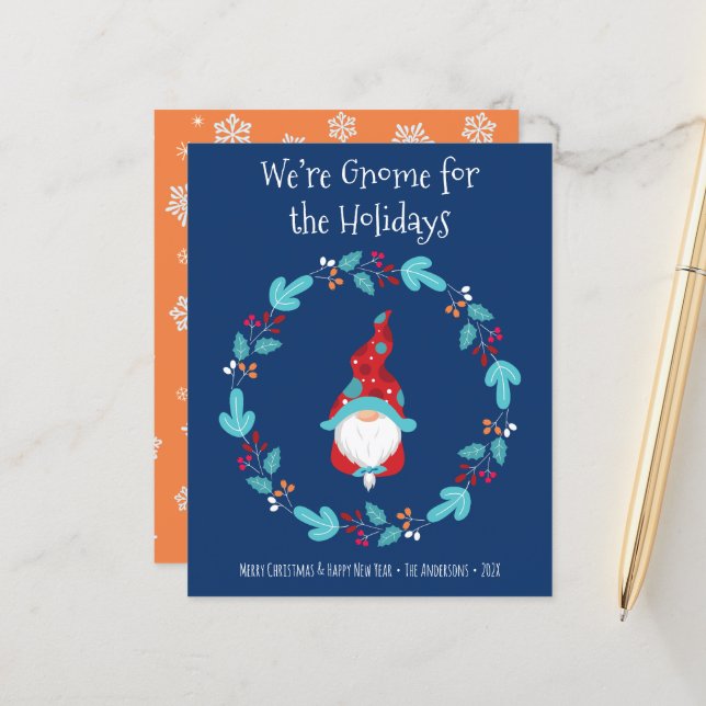 Blue Budget Gnome for Holidays Elf Wreath Card (Devant/Arrière en situation)