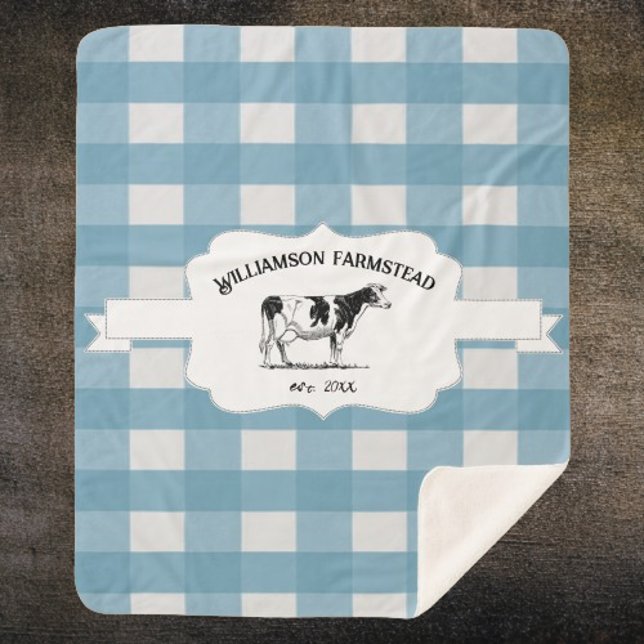 Blue Buffalo Plaid Farm Cow Sherpa Blanche (Blue Buffalo Plaid Farm Cow Personalized Sherpa Blanket)