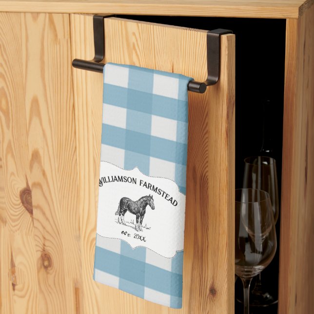 Blue Buffalo Plaid Farm Horse Serviette de cuisine (Pliage en tiers)