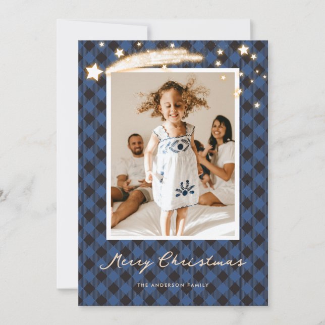 Blue Buffalo Plaid Stars Photo Cartes de Noël (Devant)