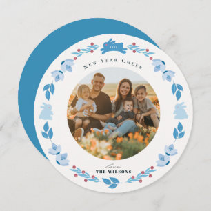 Blue Bunny Folk Art Nouvel An Vacances Carte photo