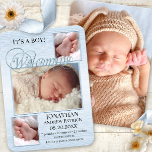 Blue Burlap Baby Birth Photos Faire-part Card