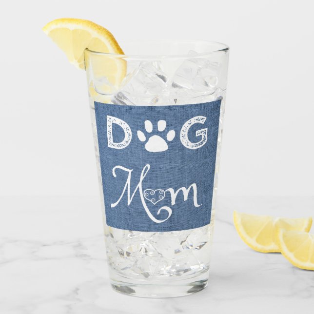 Blue Burlap Chien Maman Coupe de verre (Devant glace)