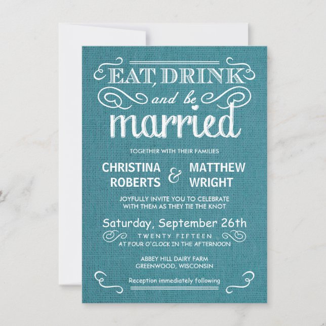 Blue Burlap Invitations de mariage rustique (Devant)