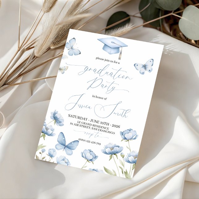 Blue Butterfly Floral Graduation Invitation (Créateur téléchargé)