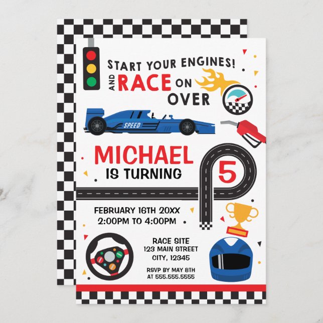 Blue Car Racing  Birthday kid Invitation (Devant / Derrière)