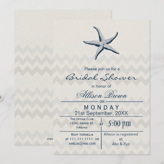 Blue Chevron Starfish Beach Invitations de douche  (Devant / Derrière)