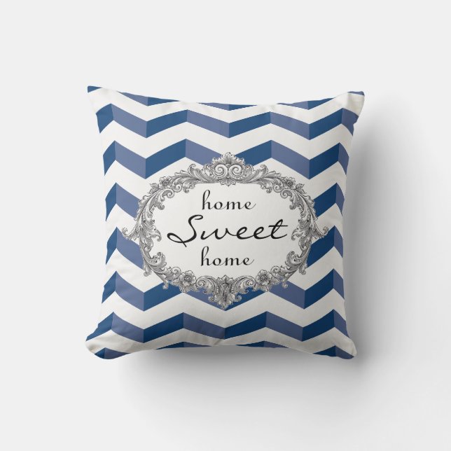 Blue Chevrons Home Sweet Home ou Monogram Coussin (Recto)