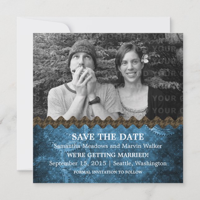 Blue Chic Steampunk Photo Save the Date Invitation (Devant)