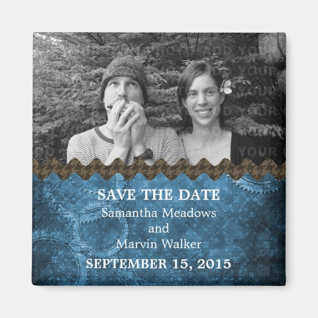 Blue Chic Steampunk Photo Save the Date Magnet (Devant)