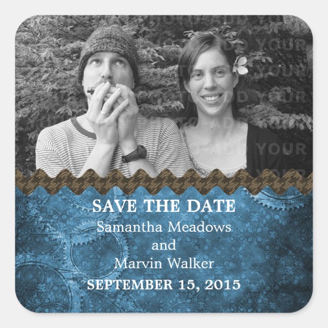 Blue Chic Steampunk Photo Save the Date Stickers (Devant)