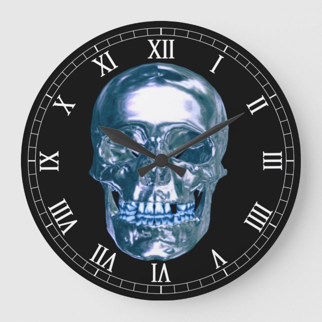 Blue Chrome Skull rond chiffres romains Horloge (Recto)
