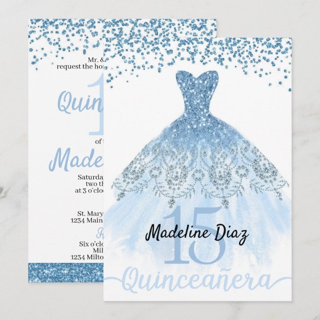 Blue Cinderella Quinceanera Invitation d'anniversa (Devant / Derrière)