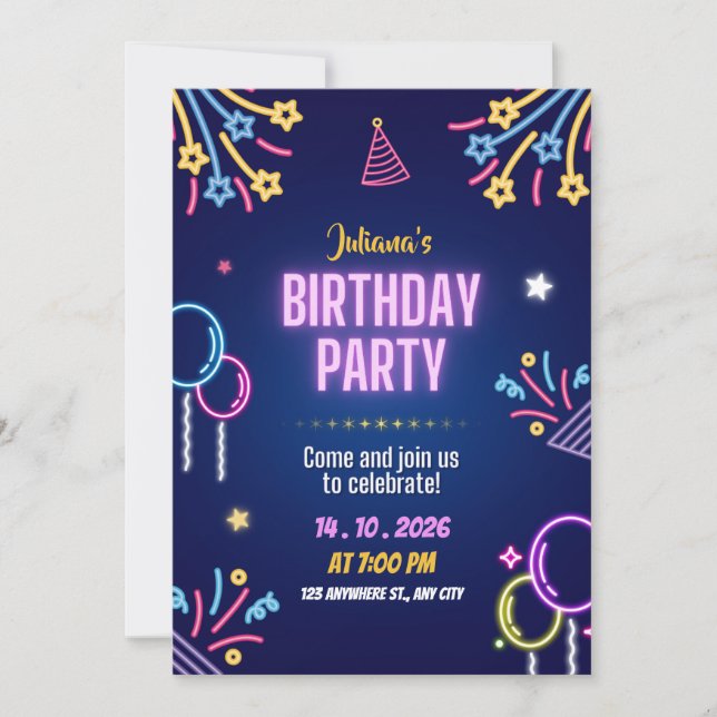 Blue Colorful Neon Birthday Party Invitation (Devant)