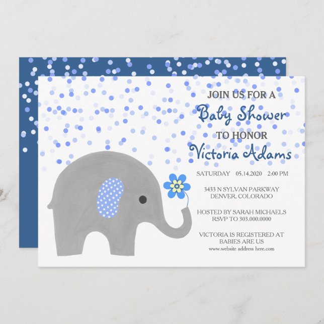 Blue Confetti Elephant Baby Boy Shower Invitation (Devant / Derrière)