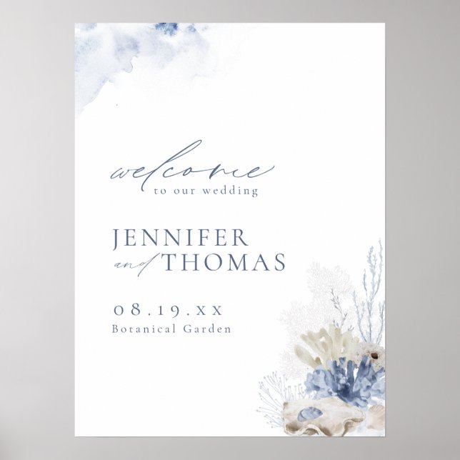 Blue Coral & Seashells Beach Affiche de bienvenue  (Devant)