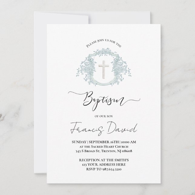 blue crest black script Baptism Invitation (Devant)