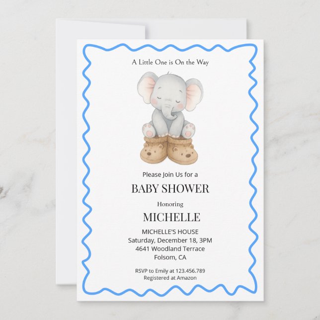 Blue Cute Baby Elephant Baby Shower Invitation  (Devant)