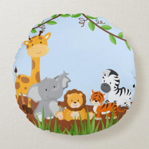 Blue Cute Jungle Baby Animaux Coussin rond