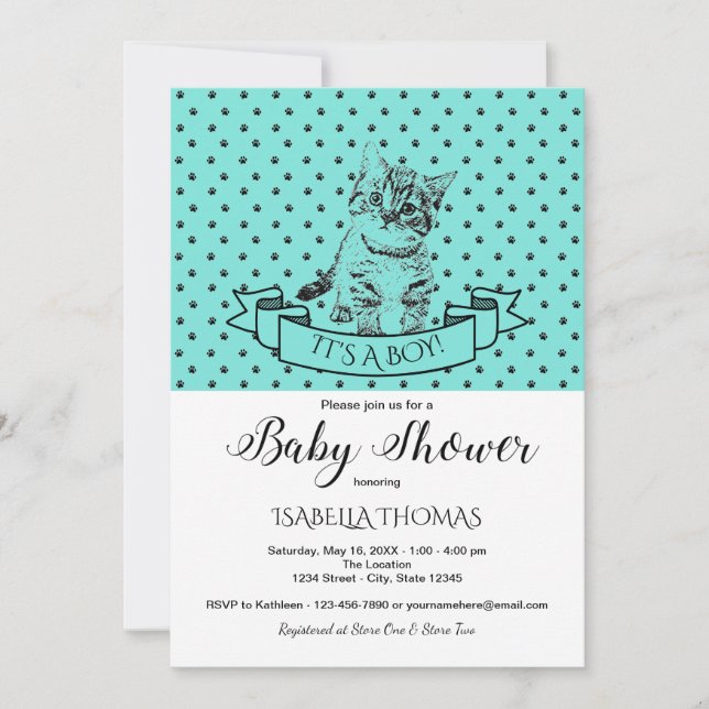 Blue Cute Kitten Baby shower Invitation (Devant)