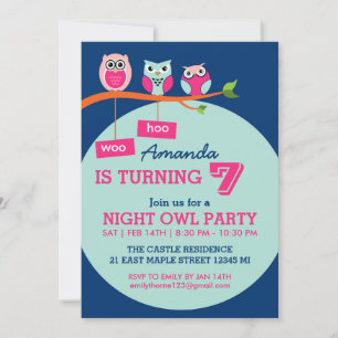 Blue Cute Owl Pois Invitation d'anniversaire