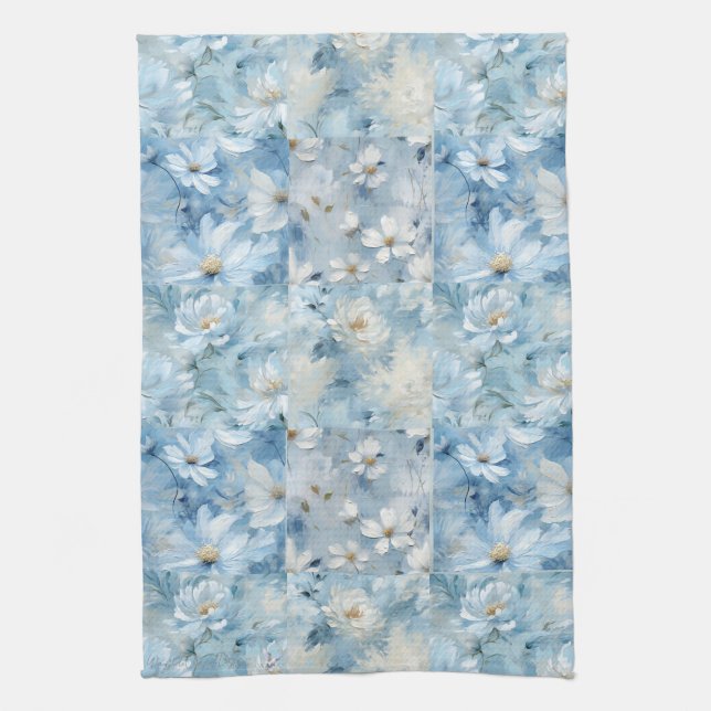 Blue Daisy Floral Patchwork Serviette de cuisine (Vertical)